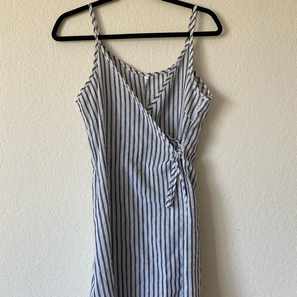 Gray and White Vertical Stripe Tie Front Minidress